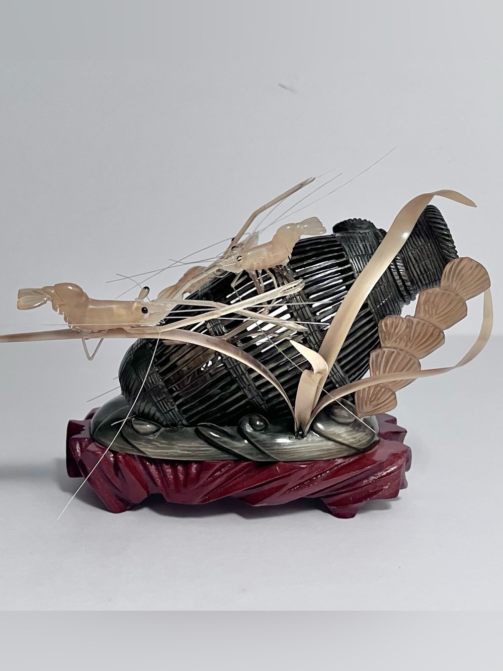Vintage CHINESE Carved WATER BUFFALO Horn 1960s SHRIMP BASKET / Hardwood Stand